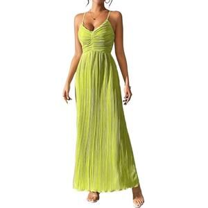 Shein Lime Green Satin Long Flowy Strappy Maxi Dress Medium